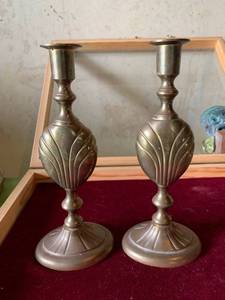 lot 6326 image: Pair of Antique Brass Candle Holders