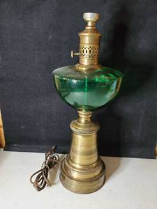 lot 6359 image: Green Brass Oil Lamp Look Alike Lamp. No Shade