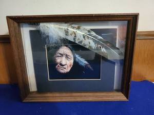 lot 6378 image: Framed Native American Portrait with Feather