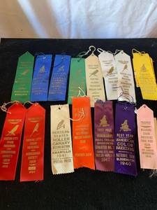 lot 6442 image: Lot of Bird Show Prize Ribbons From 30s 40s 50s