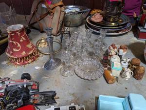 lot 5088 image: Candle Stick Holders, Ashtray, Miniature Lamp Shade, Assorted Salt And Pepper Shakers