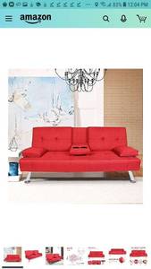 lot 1147 image: MOOSENG Home Futon Sofa Bed Modern Faux Linen Fabric Up and Down Recliner Couch, Red