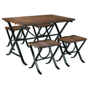 lot 1188 image: Ashley Furniture Signature Design - Freimore Dining Room Table and Stools - Set of 5 - Medium Brown Wood Top and Black Metal Legs