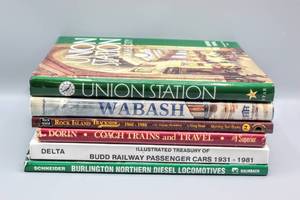 lot 4245 image: (6) Hardback Coffee Table Books On Trains Union Station in Kansas City, Coach Trains and Travel, Burlington Northern Diesel, Rock Island, Wabash and MORE