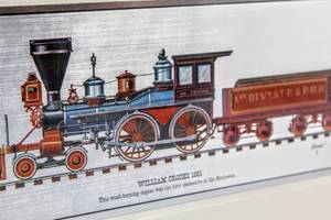 lot 4248 image: Set of (4) Professionally Framed Colorful Locomotive Wall Art 12.5 x 7.5