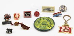 lot 4290 image: 13 Badge Button Keychain Pins Collection - Rock Island, Amtrak, Burlington Route, Union Pacific 844, Chicago Great Western Railway, El Capitan, Baldwin Locomotive Works ...