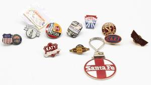 lot 4295 image: 13 Badge Button Keychain Pins Collection - Santa Fe El Capitan, Katy, Broadway Limited, S.F. Municipal Railway, C & EI, Bachmann ...