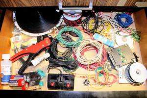 lot 4363 image: Large Lot of Train and Model Layout Accessories - Four Drawers FULL - Lionel Steel Pins, Lots of Wire, Smoke Fluid, Atlas Selector and much more