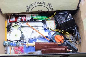lot 4371 image: Box Full of Miscellaneous Train Accessories - Lionel Toy Transformer, Train Track Light Sets, 50 Ft Ribbon Wire NIP, Atlas Layout - too many great things to list