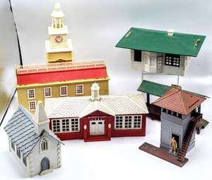 lot 4355 image: (6) Vintage Plasticville Buildings Church, Watch Tower, School, Depot (2 of them both in rough shape), and Plasticville Hall