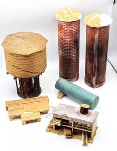 lot 4357 image: Accessory Model Kits For Train Set including (2) Silos, Water Tower, Wood Shed, Tank, and Wood Decking. Great Accessories for your track thru the country