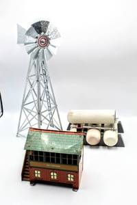 lot 4359 image: Train Set Accessory Lot including Pre War Hornby O Gauge No.2 Signal Cabin Manufactured By Meccano LTD, Stack of Tanks, and Large Metal Windmill (approx. 16 Tall)