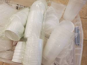 lot 4584 image: Tote Of StyrofoamPlastic Cups Lids Containers
