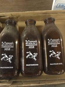 lot 9597 image: (3) DeCourseys Quart brown milk jugs