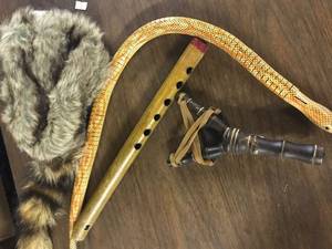 lot 9627 image: novelty toy lot - wooden snake, slingshot, recorder, coon skin hat