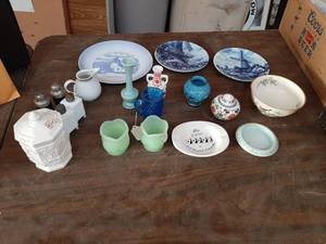 lot 3394 image: Assorted Plates, Lefton Jar and Jadite Candleholders