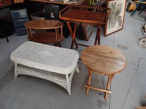 lot 3396 image: White Wicker Cocktail Table, 2 Folding Rattan Tables and Wood End Table that needs repaired