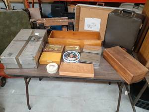 lot 3400 image: Aluminum and Wood Boxes, Tins and Briefcase that is locked with Unknown Combination