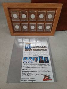 lot 3402 image: Oak Frame with Trading Card Holders and Signed Royals Poster