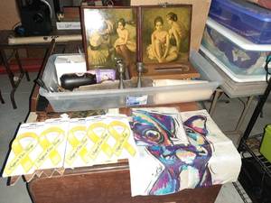 lot 3408 image: Catch All Lot - 2 Dog Pillow Covers, 2 Pictures on Wood, Magnets and Old Calender