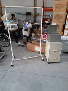 lot 3435 image: 2 Drawer File Cahinet, Clothes Rack and Metal Box