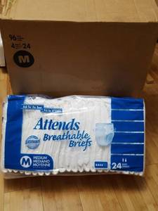 lot 7108 image: 96 Attends breathable briefs (adult diapers) 4-24 packs, size medium
