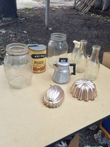 lot 6240 image: Milk bottles, Heinz can opener condition unknown, pickle jars, Jell-O molds