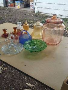 lot 6251 image: assorted glassware. peanut jar, glass basket, decanter set and more