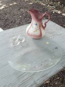 lot 6290 image: Etched glass platter and pitcher