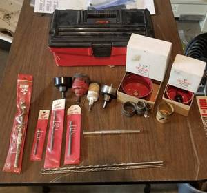 lot 4112 image: Hole saw kit and Drill Bits with Keter Tool Box