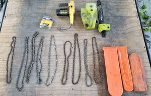 lot 4145 image: 10 chainsaw chains and 2 scainsaws