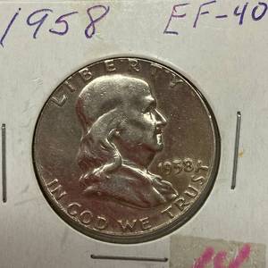 lot 1645 image: 1958 Ben Franklin Silver Half Dollar