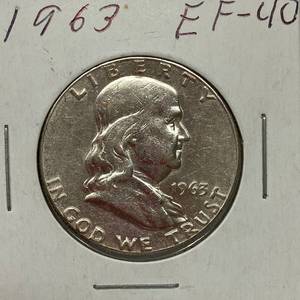 lot 1649 image: 1963 Benjamin Franklin Silver Half Dollar