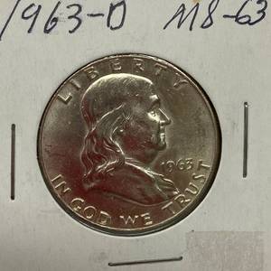 lot 1650 image: 1963-D Benjamin Franklin Silver Half Dollar