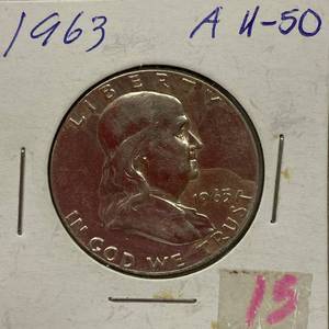 lot 1651 image: 1963 Benjamin Franklin Silver Half Dollar