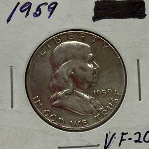 lot 1652 image: 1959 Benjamin Franklin Silver Half Dollar