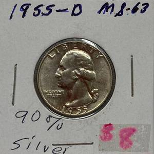 lot 1664 image: 1955-D Washington Quarter Dollar - 90% Silver