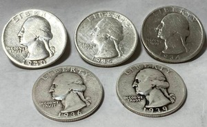 lot 1665 image: Washington Quarter Dollar Lot - 1934 - 1935 - 1936 - 1939 - 1940 - Bid Now All 5 Coins