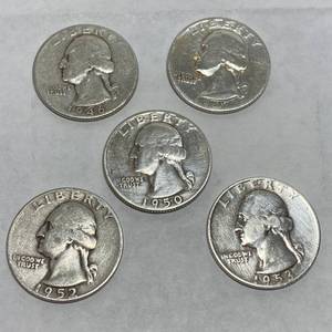 lot 1667 image: Washington Quarter Dollar Lot - 1946 - 1947 - 1950 - 1950 - 1953 - Bid Now All 5 Coins