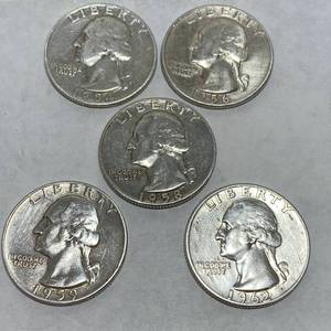lot 1668 image: Washington Quarter Dollar Lot - 1954 - 1956 - 1958 - 1959 - 1962 - Bid Now All 5 Quarters