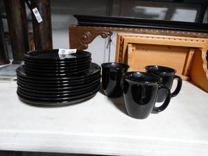 lot 3459 image: Set of Black Dishware-- Small and Large Plates and Mugs