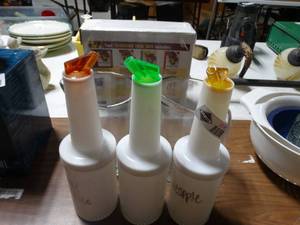 lot 3506 image: Lot of 3 Pour Bottles with Colored Spouts and 2 Pitchers