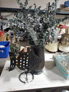 lot 3606 image: Fish Candle Holder and Black Vase with Artificial Plants