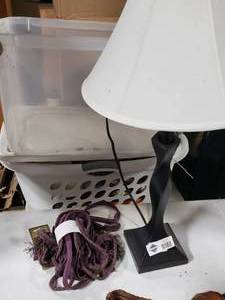 lot 3655 image: Black Table Lamp with Purple Curtain Accessories