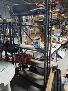 lot 3676 image: Metal Shop Rack with Assorted Contents