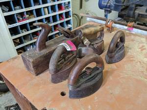 lot 53 image: Hand Plainer And Four Antique Irons