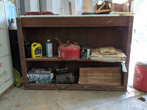 lot 147 image: Shelving And Contents, Car Duster, 2 12 Gallon Galvanized Gas Can, Security Lights And More