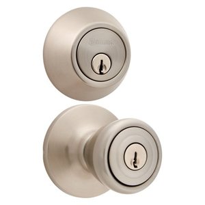 lot 73254 image: Brinks Keyed Entry Tulip Style Doorknob and Deadbolt Combo, Satin Nickle Finish