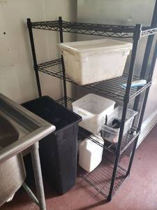 lot 4958 image: 4 shelf rack with contents and trash can