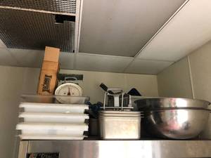 lot 4966 image: Misc contents - pans, scale, slicer